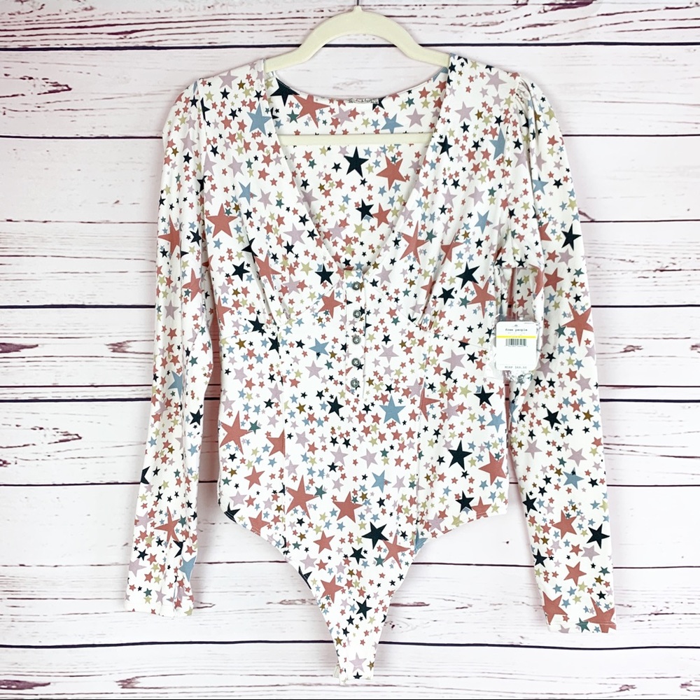 Free People White Star Print Long Sleeve Bodysuit